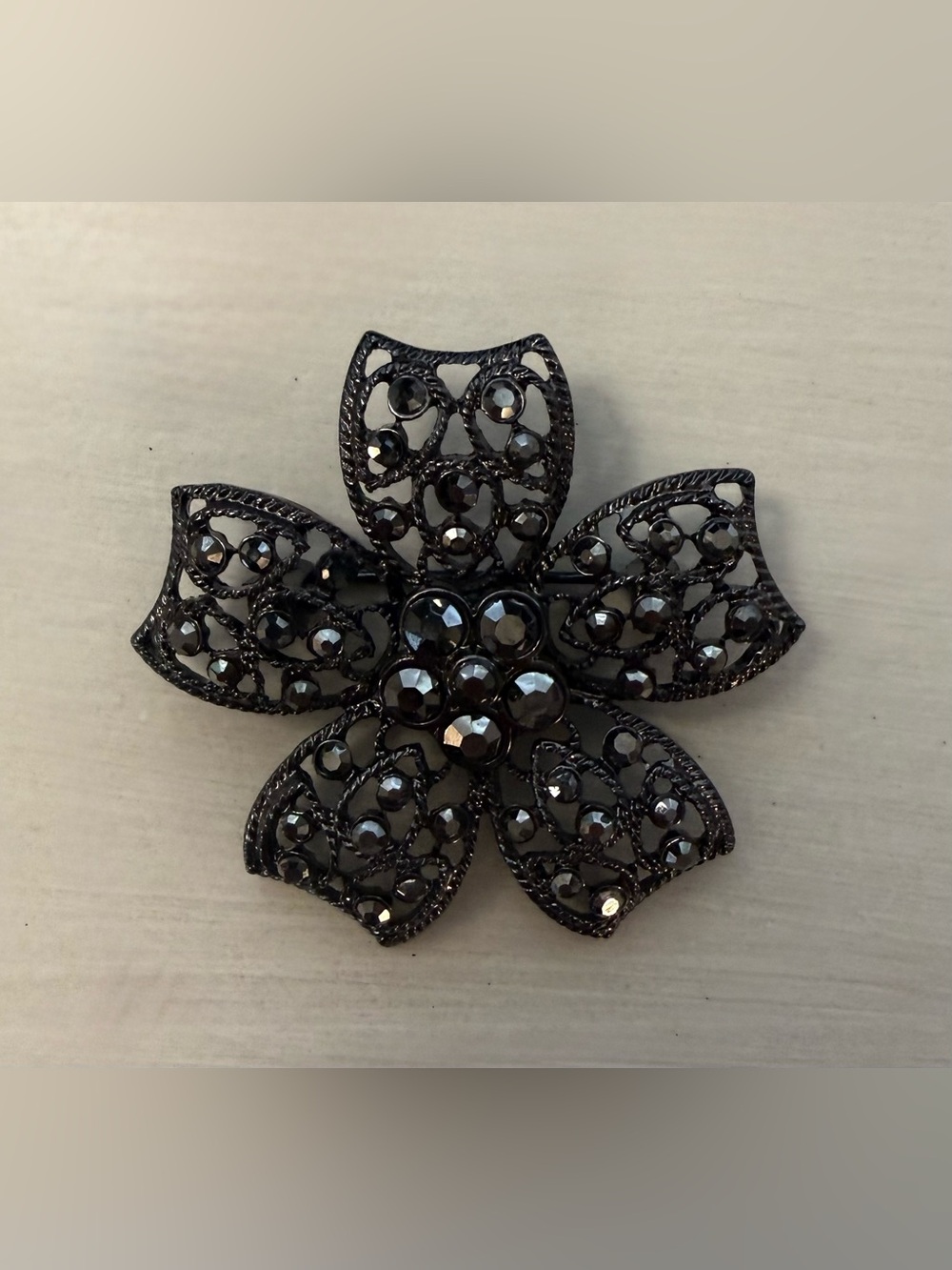 Black Floral Crystal Brooch
